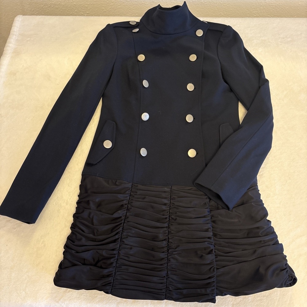 2b Rych Women's Sz 8 Navy Blue Double‎ Breasted Jacket Black Ruched Hem